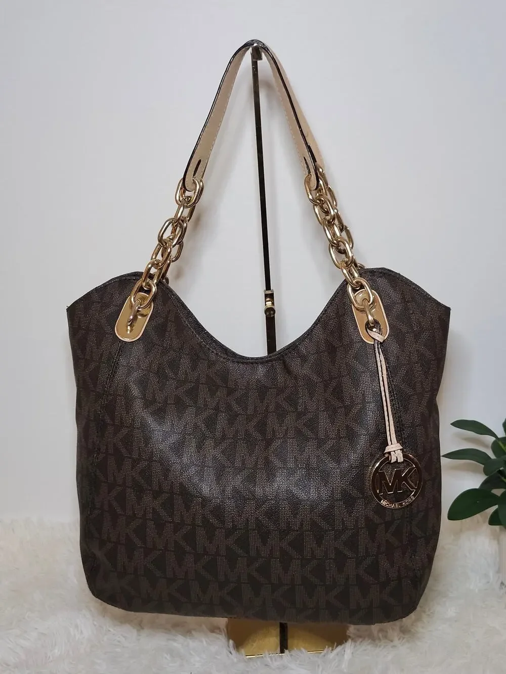 Michael Kors Hobo Tote Bag Brown Gold Classic Signature Monogram Chain